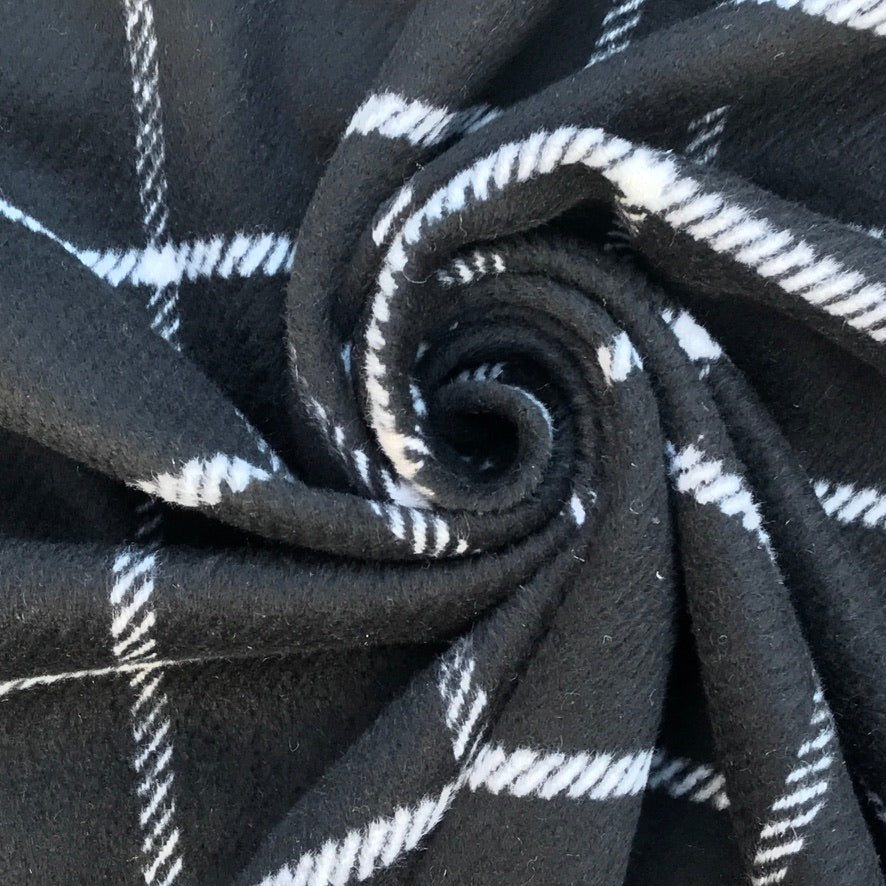 10m Large White Checks Tartan Wool Blend Fabric, Black - Bull Ring Fabrics
