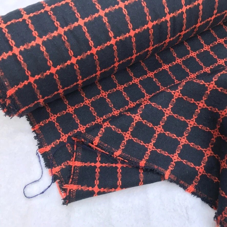 10m Orange Checks Tartan Wool Blend Fabric, Navy Blue - Bull Ring Fabrics