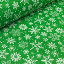 10m White Xmas Snowflakes Christmas Polycotton Fabric 45", Green - Bull Ring Fabrics