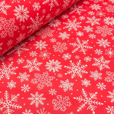 10m White Xmas Snowflakes Christmas Polycotton Fabric 45", Red - Bull Ring Fabrics