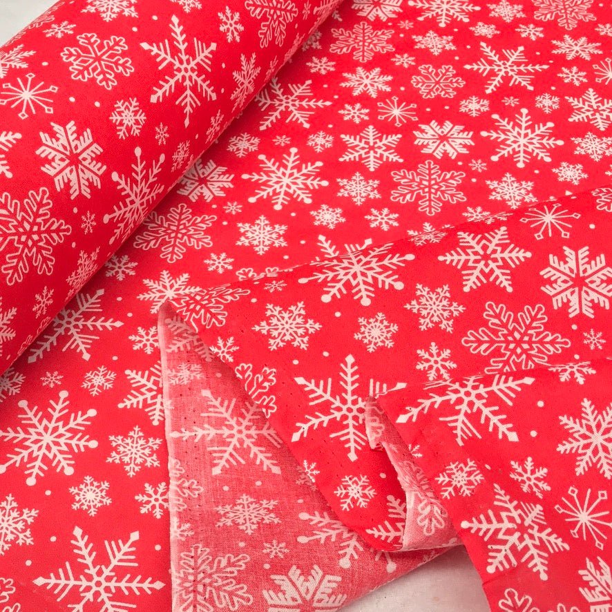 10m White Xmas Snowflakes Christmas Polycotton Fabric 45", Red - Bull Ring Fabrics