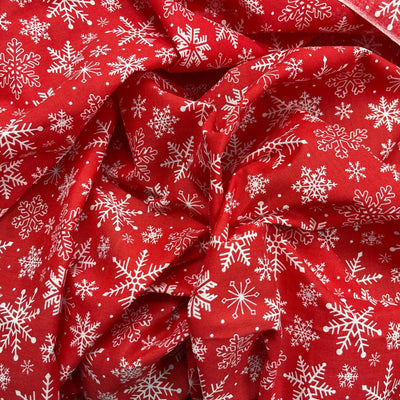 10m White Xmas Snowflakes Christmas Polycotton Fabric 45", Red - Bull Ring Fabrics