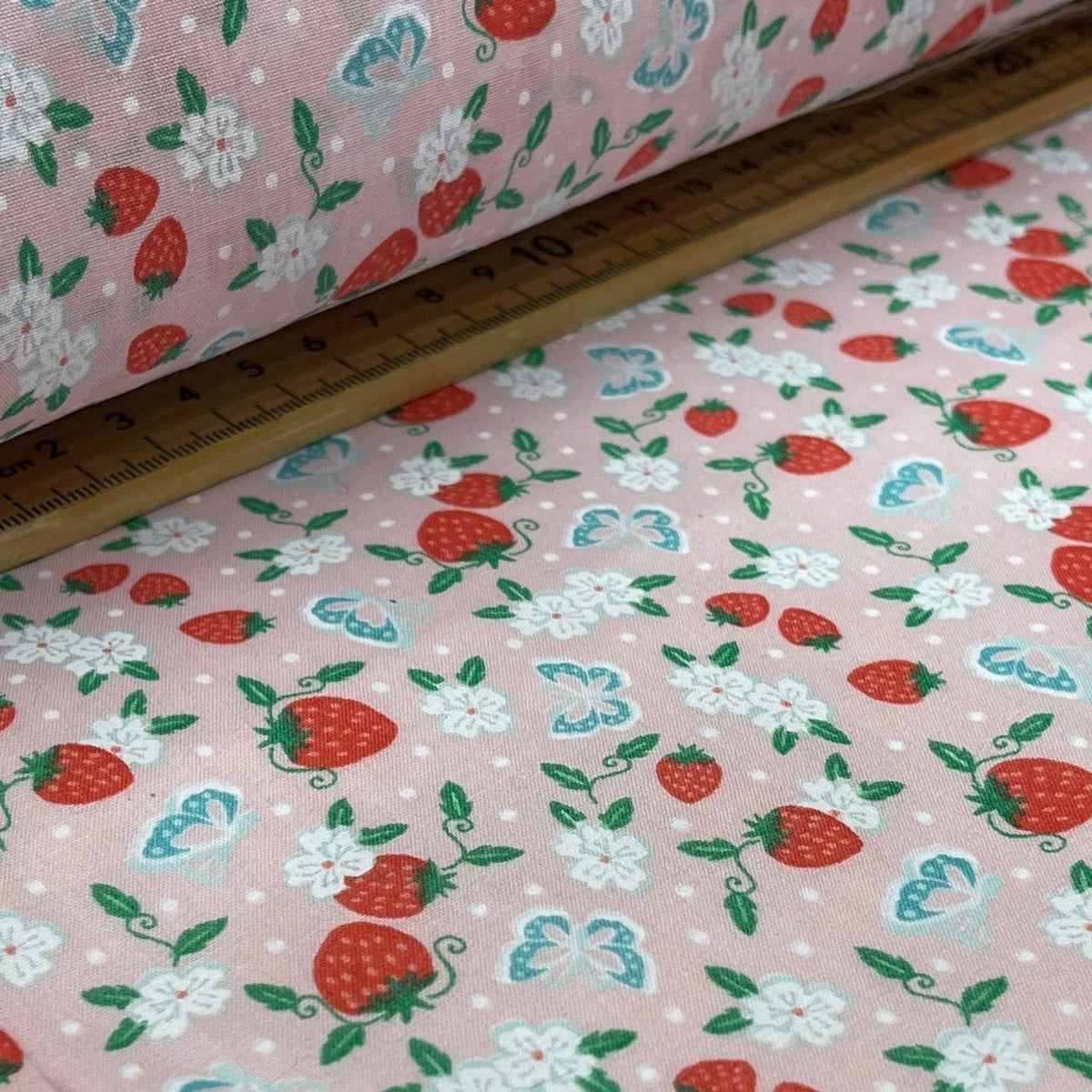 10m Wholesale Strawberries Polycotton Fabric Butterflies Floral Pinspots 45" Pink - Bull Ring Fabrics