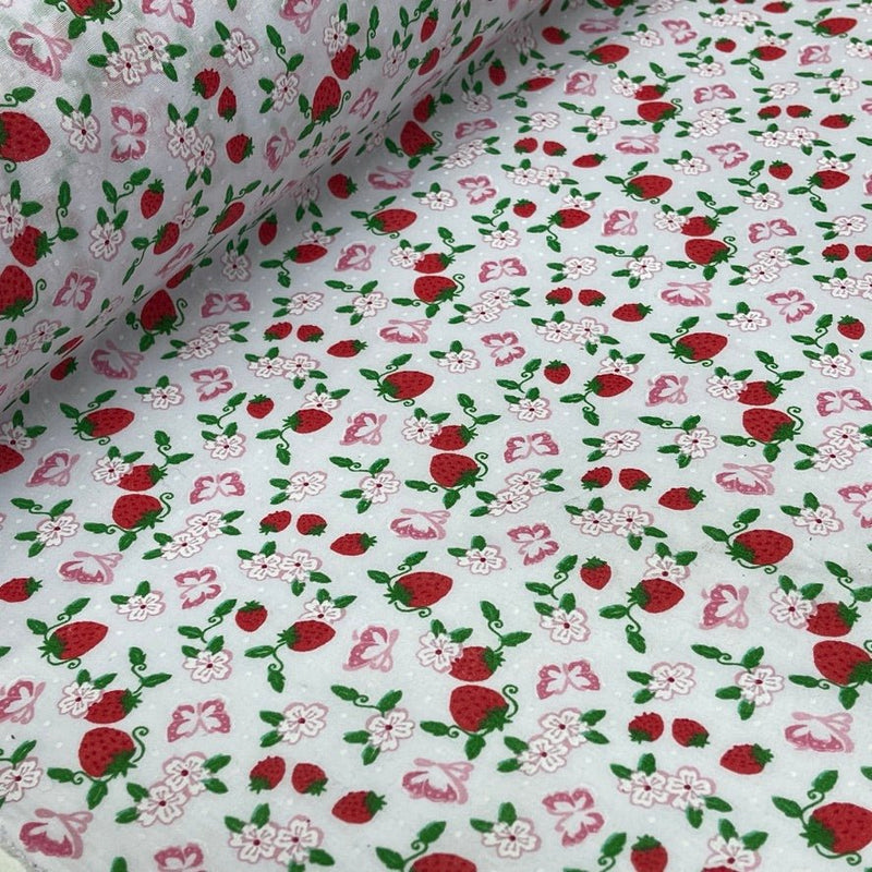 10m Wholesale Strawberries Polycotton Fabric Butterflies Floral Pinspots 45" White - Bull Ring Fabrics