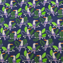 Toucan Birds Polycotton Fabric – Tropical Jungle Leaf Print Dress Craft Quilting – 45” Navy Blue