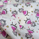 150m Pink Princess Fairy Cotton Fabric Polycotton Dressmaking Kids Print, Cream - Bull Ring Fabrics