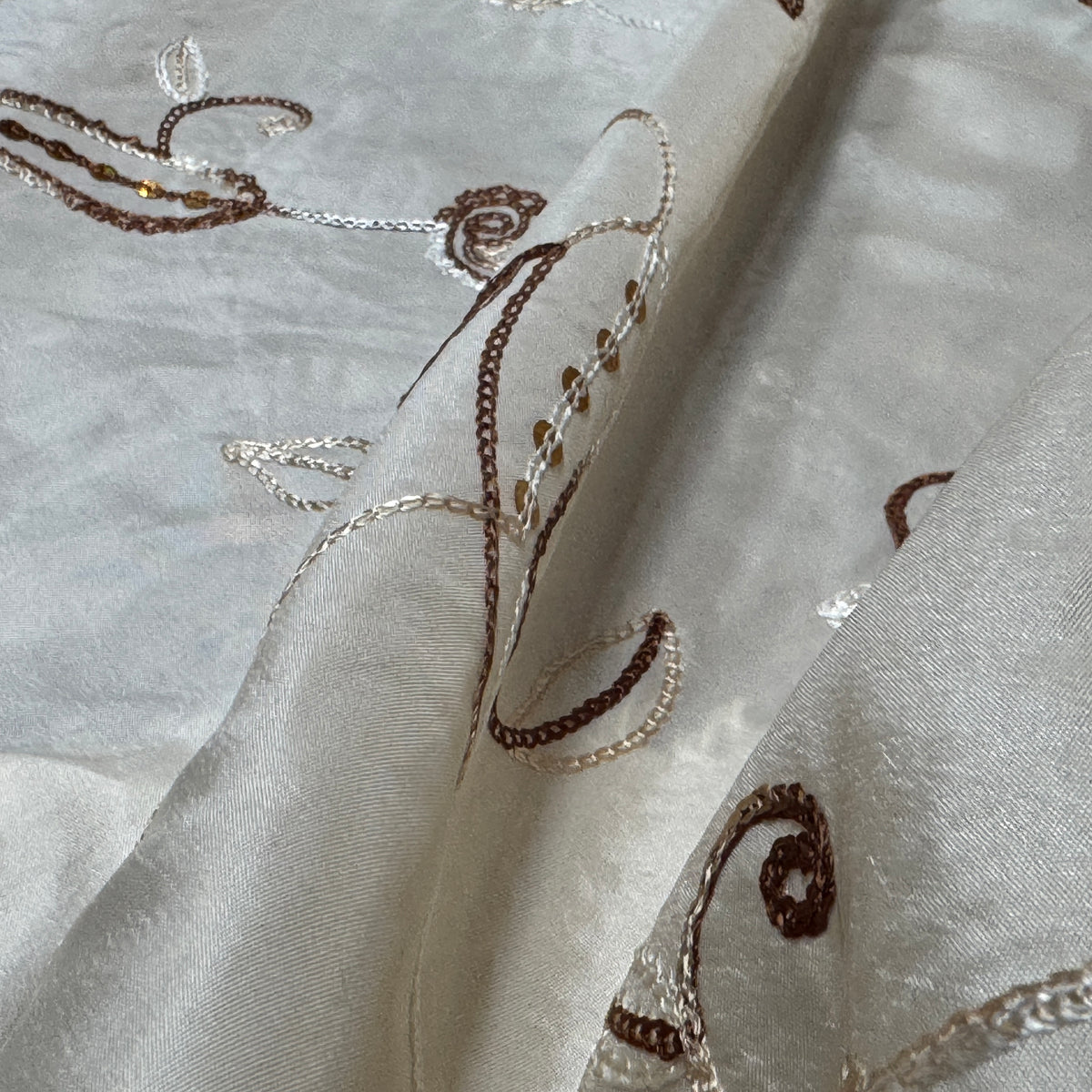 Cream Paisley Embroidered Taffeta Fabric Sequins Floral Bride Dress Material 60" - Bull Ring Fabrics