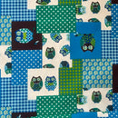 Blue & Green Patchwork Owl Cotton Blend Canvas Fabric – Rustic Woodland Print Upholstery, Craft & Bag Making 54"