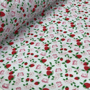 10m Wholesale Strawberries Polycotton Fabric Butterflies Floral Pinspots 45" White