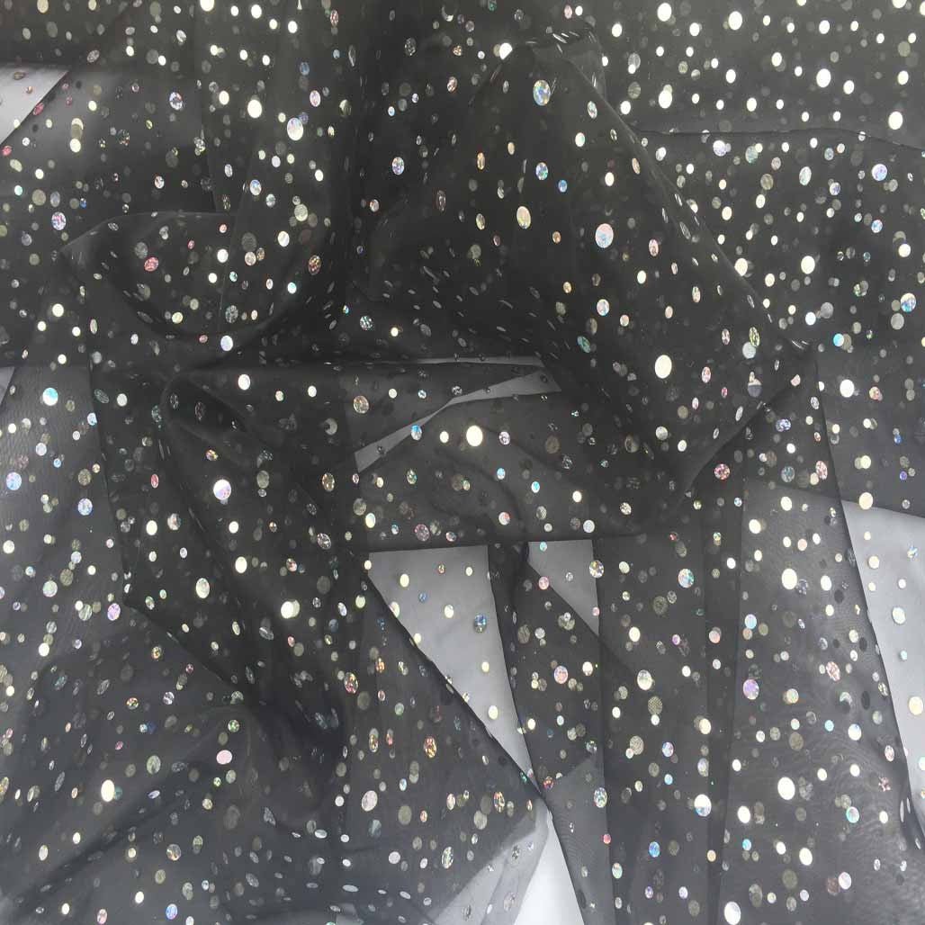 20m Black Sparkle Sequins Hologram Spot Organza Fabric - Bull Ring Fabrics