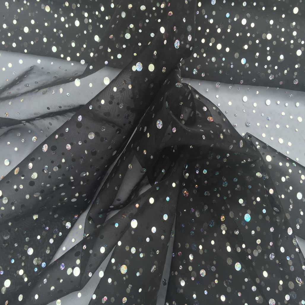 20m Black Sparkle Sequins Hologram Spot Organza Fabric - Bull Ring Fabrics