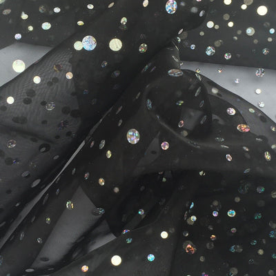 20m Black Sparkle Sequins Hologram Spot Organza Fabric - Bull Ring Fabrics