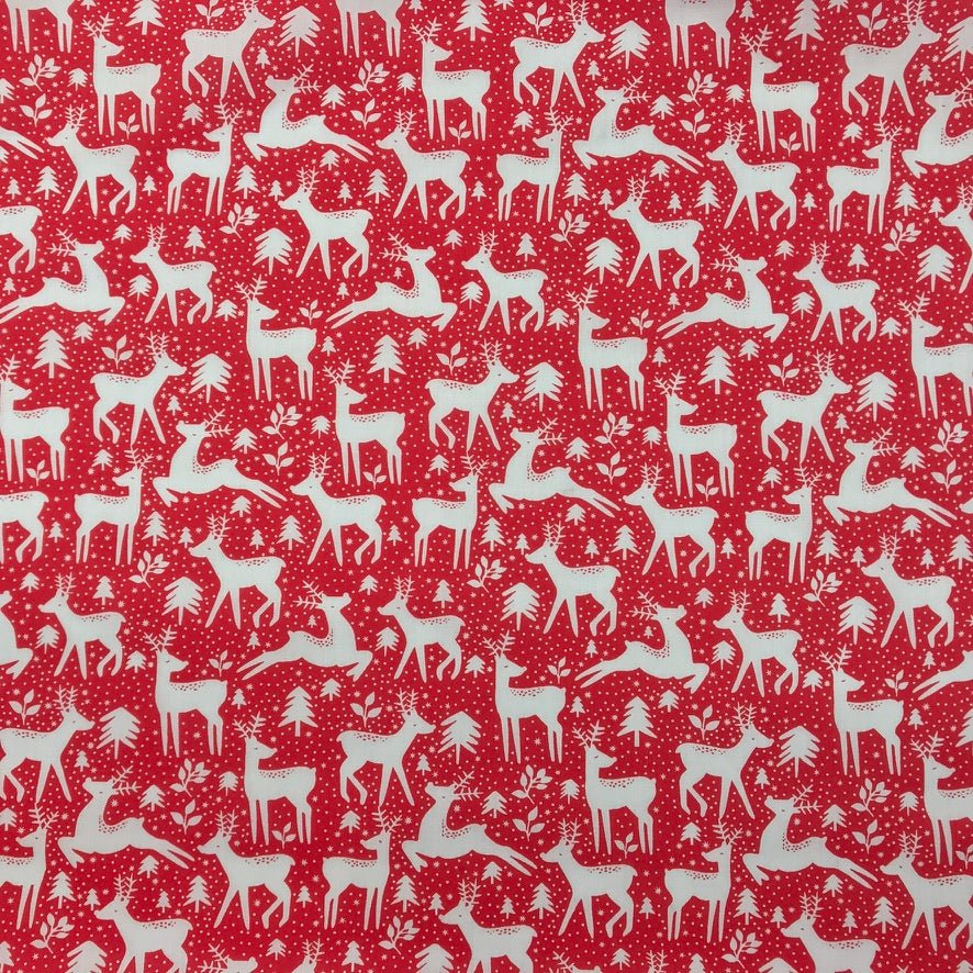 20m Christmas Polycotton Fabric – Reindeer Rudolph Snow 45”, Red - Bull Ring Fabrics