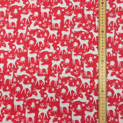 20m Christmas Polycotton Fabric – Reindeer Rudolph Snow 45”, Red - Bull Ring Fabrics