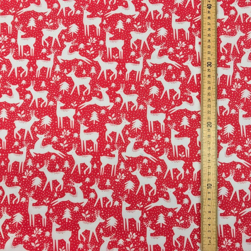 20m Christmas Polycotton Fabric – Reindeer Rudolph Snow 45”, Red - Bull Ring Fabrics