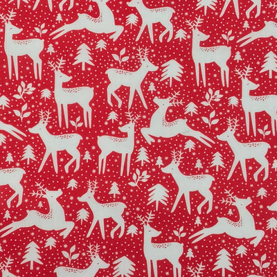 20m Christmas Polycotton Fabric – Reindeer Rudolph Snow 45”, Red - Bull Ring Fabrics