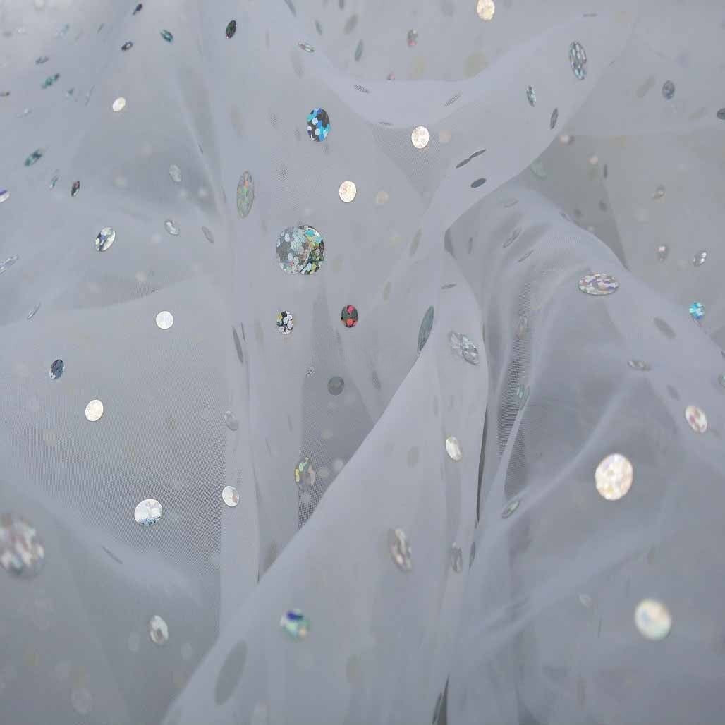 20m Hologram Organza Spots Voile Fabric 60", White - Bull Ring Fabrics