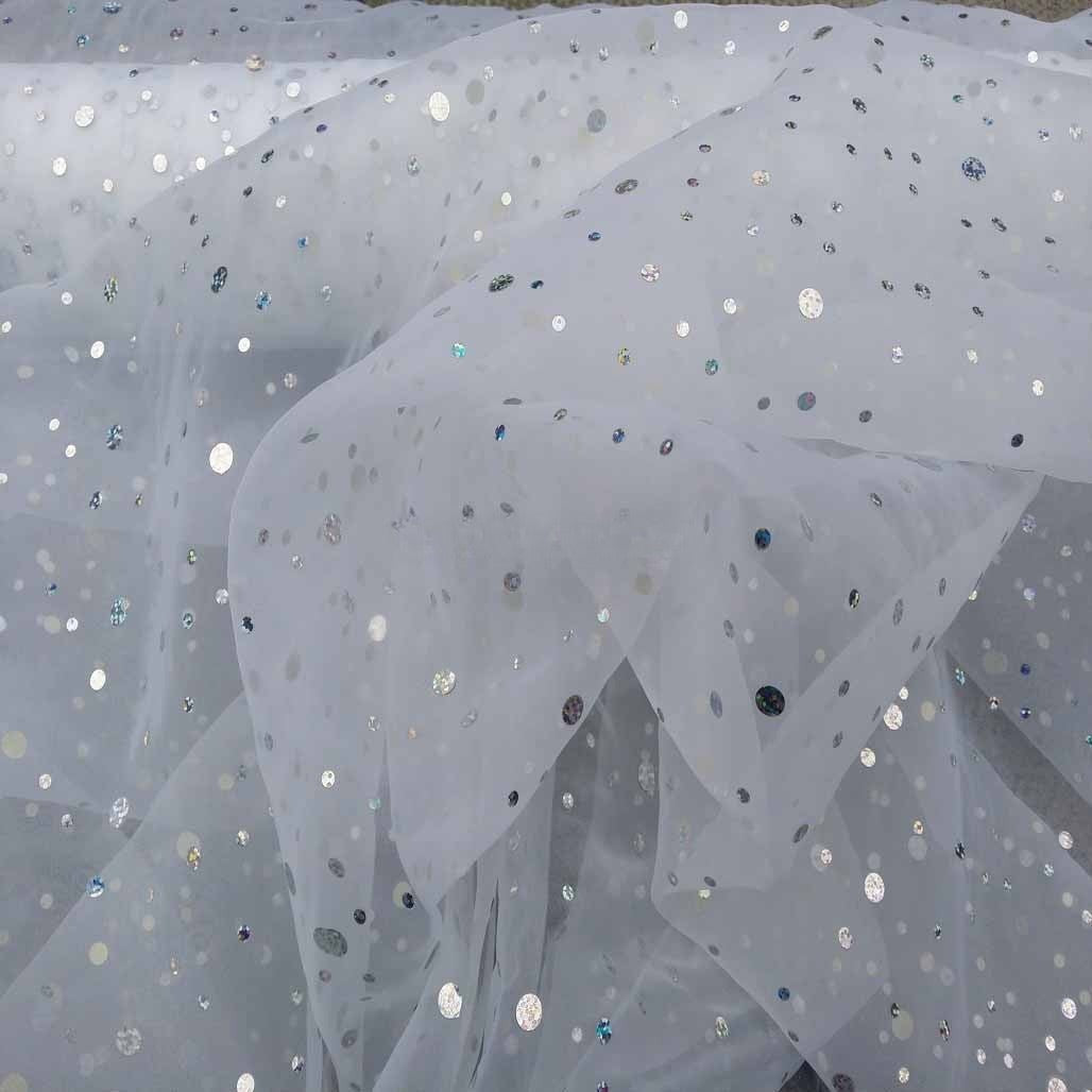 20m Hologram Organza Spots Voile Fabric 60", White - Bull Ring Fabrics