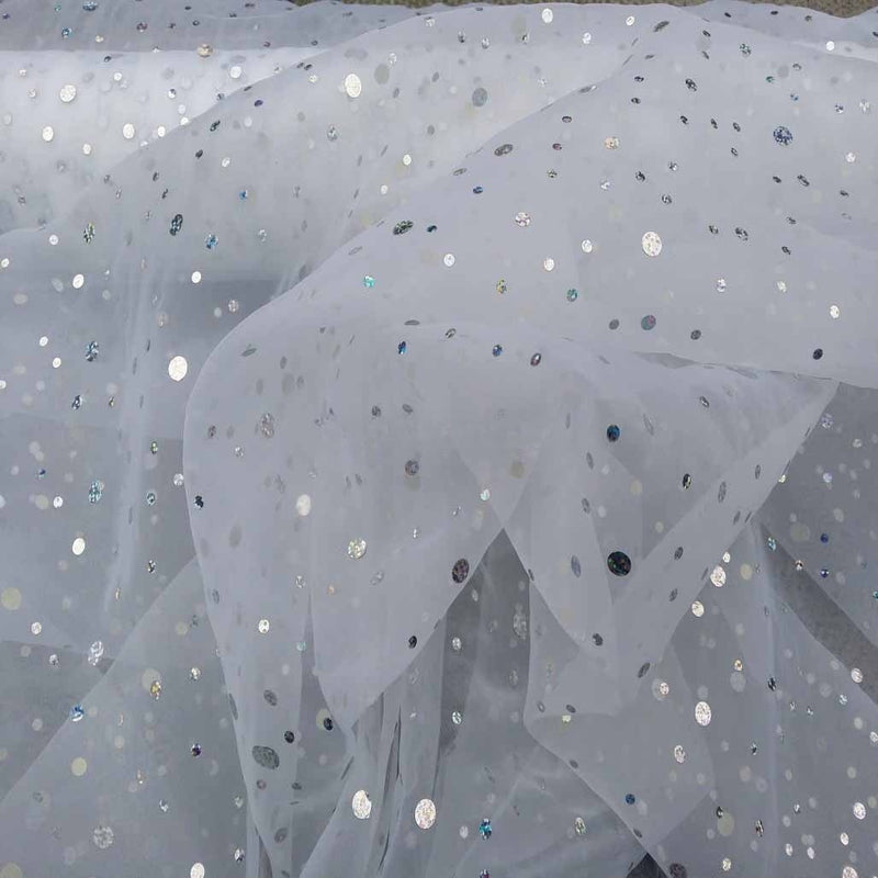 20m Hologram Organza Spots Voile Fabric 60", White - Bull Ring Fabrics