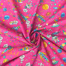 20m Scifi Space Kids Rockets 100% Cotton Poplin Fabric 45", Cerise Pink - Bull Ring Fabrics