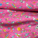 20m Scifi Space Kids Rockets 100% Cotton Poplin Fabric 45", Cerise Pink - Bull Ring Fabrics
