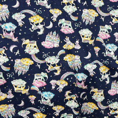 20m Unicorn & Elephants In Clouds Rose & Hubble Cotton Poplin Fabric 45", Navy - Bull Ring Fabrics