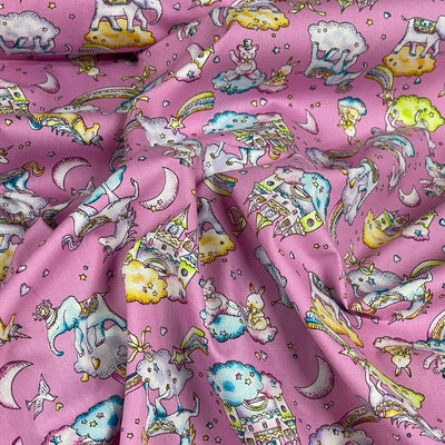 20m Unicorn & Elephants In Clouds Rose & Hubble Cotton Poplin Fabric 45", Pink - Bull Ring Fabrics
