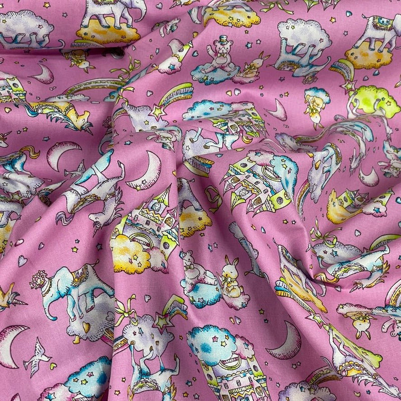 20m Unicorn & Elephants In Clouds Rose & Hubble Cotton Poplin Fabric 45", Pink - Bull Ring Fabrics