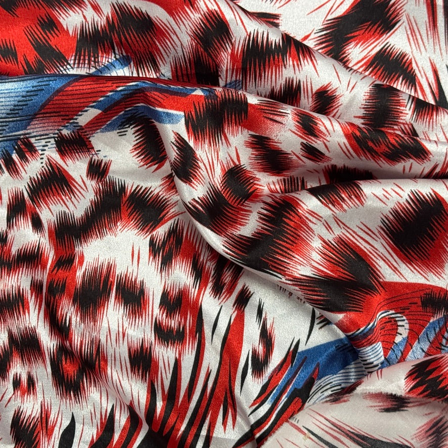 Abstract Animal Print Satin Fabric Red Blue Dress Craft Material, White - Bull Ring Fabrics