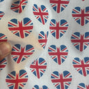 Union Jack Heart Polycotton Fabric – British Flag Heart Print Dress & Craft Fabric – White – 45” Wide – Sold by the Metre