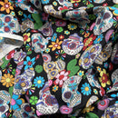 27m Roll Sugar Skulls Tattoo Day Of the Dead Cotton Poplin Fabric, Black - Bull Ring Fabrics