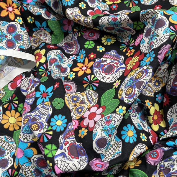 27m Roll Sugar Skulls Tattoo Day Of the Dead Cotton Poplin Fabric, Black - Bull Ring Fabrics