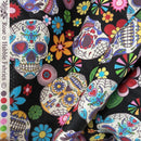 27m Roll Sugar Skulls Tattoo Day Of the Dead Cotton Poplin Fabric, Black - Bull Ring Fabrics