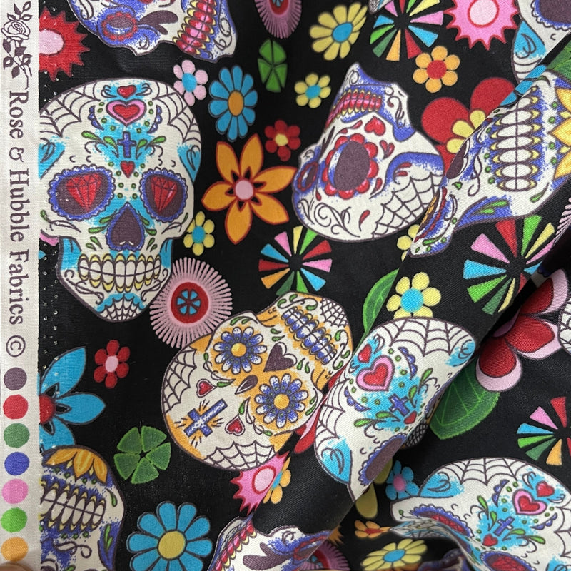 27m Roll Sugar Skulls Tattoo Day Of the Dead Cotton Poplin Fabric, Black - Bull Ring Fabrics