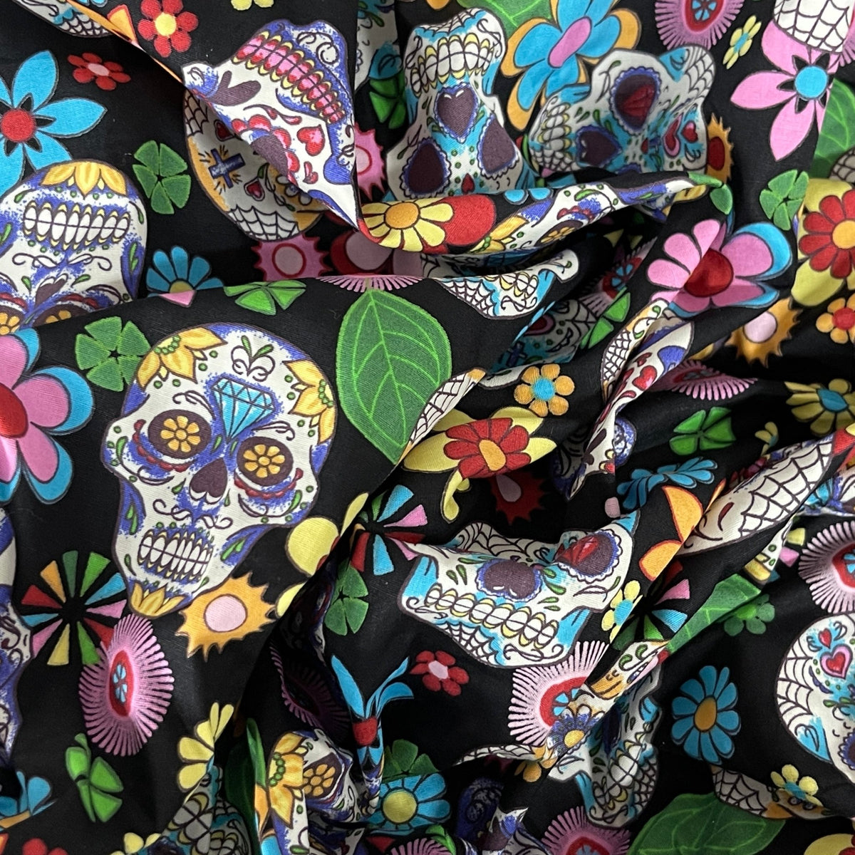 27m Roll Sugar Skulls Tattoo Day Of the Dead Cotton Poplin Fabric, Black - Bull Ring Fabrics