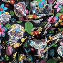 27m Roll Sugar Skulls Tattoo Day Of the Dead Cotton Poplin Fabric, Black - Bull Ring Fabrics