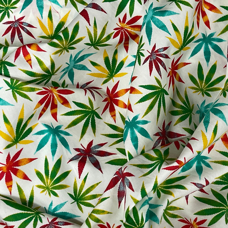 27m Wholesale Rose & Hubble Cotton Poplin Fabric Colourful Hemp Cannabis Leaf Print 45", Ivory - Bull Ring Fabrics