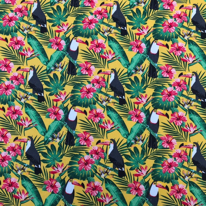 27m Wholesale Tropical Toucan Birds Rose & Hubble Cotton Poplin Fabric 45", Yellow - Bull Ring Fabrics