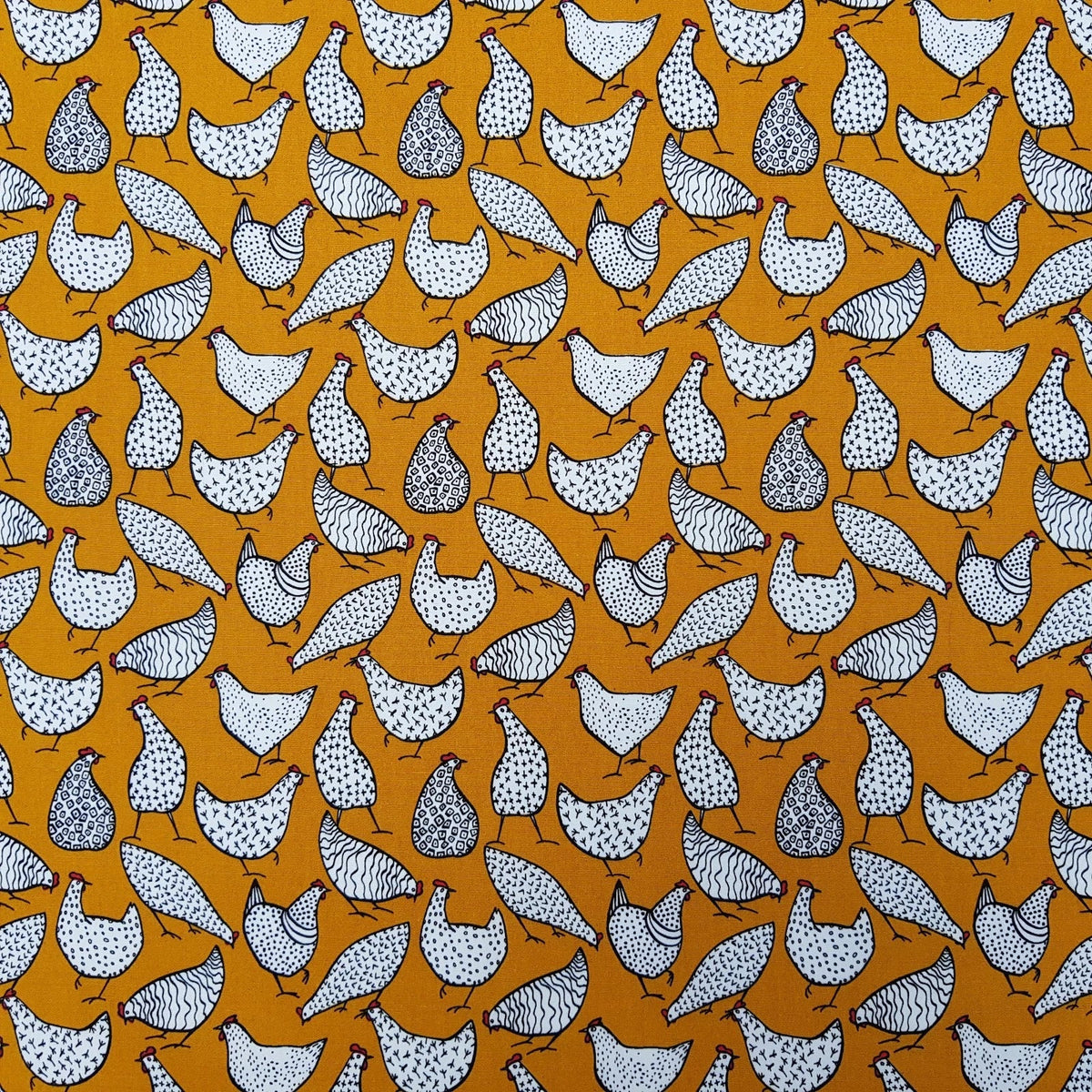 27m Wholesale White Chicken/Hen Rose & Hubble Cotton Poplin Fabric 45", Ochre - Bull Ring Fabrics