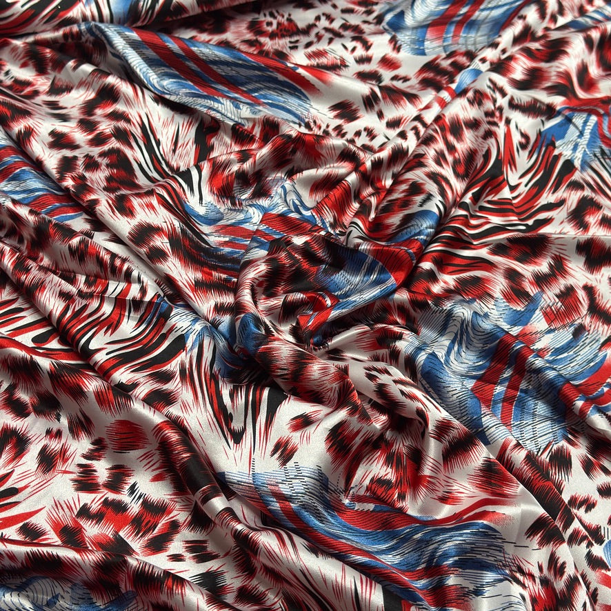 Abstract Animal Print Satin Fabric Red Blue Dress Craft Material, White - Bull Ring Fabrics