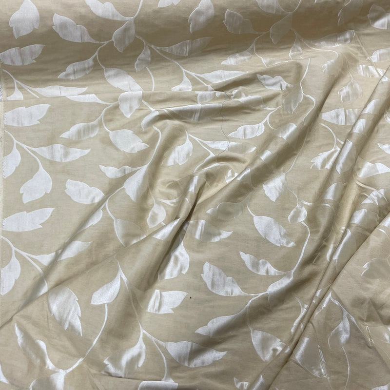 Cream Felix Leaves Floral Curtain Brocade Fabric 140cm, Cream
