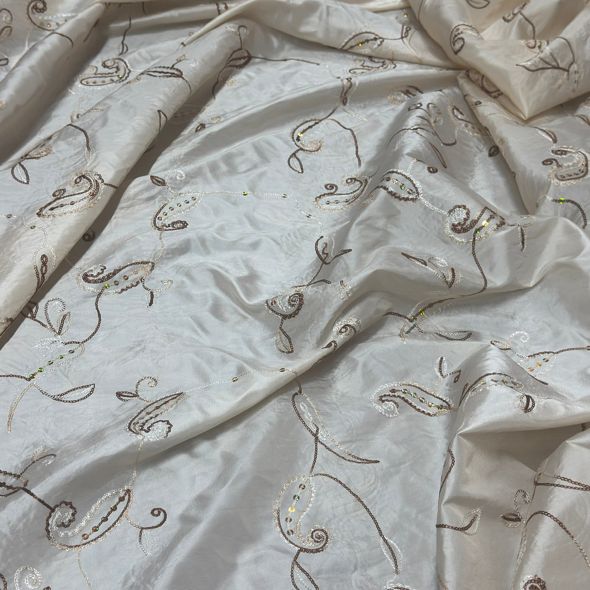 Cream Paisley Embroidered Taffeta Fabric Sequins Floral Bride Dress Material 60" - Bull Ring Fabrics