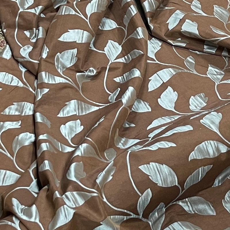 Duck Egg Felix Leaves Floral Curtain Brocade Fabric 140cm, Brown
