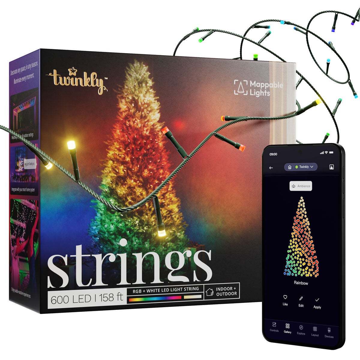 158ft (48m) Twinkly Generation II 600 App Controlled Multicolour + White Strings