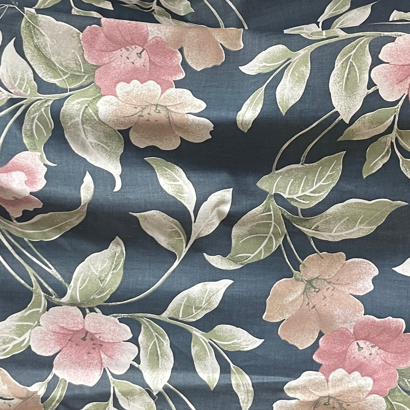 Peach Floral Flowers Print Vintage Cotton Fabric, Navy