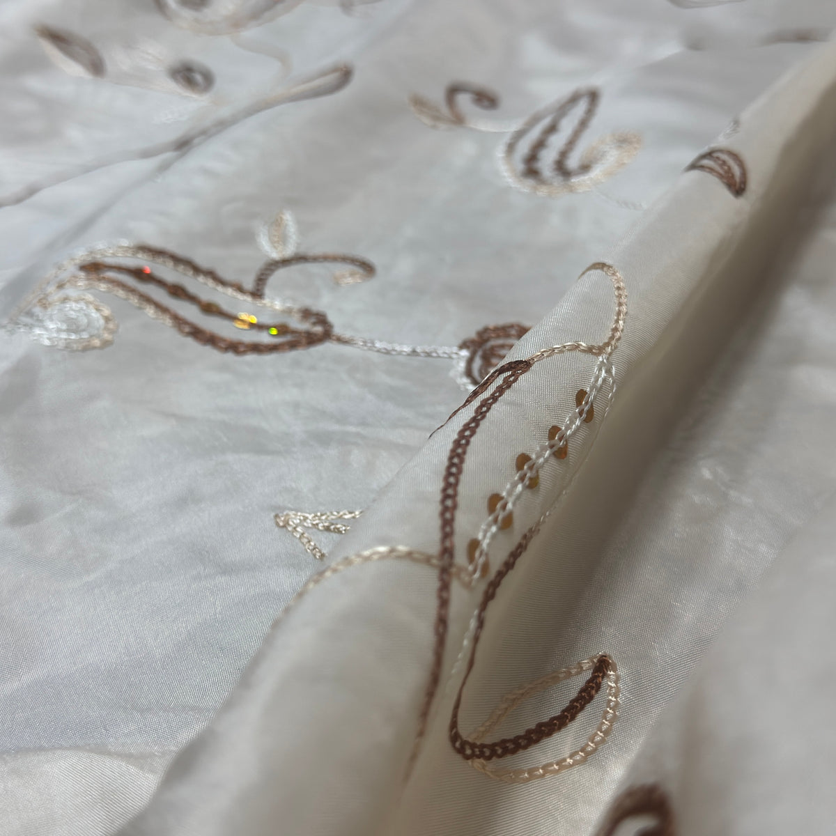 Cream Paisley Embroidered Taffeta Fabric Sequins Floral Bride Dress Material 60" - Bull Ring Fabrics