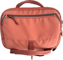 A salmon pink or terracotta-colored nylon camera bag with multiple zippered compartments, a top carry handle, and a front strap closure, shown against a plain white background.