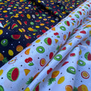 Tropical fruits watermelon, cherries, kiwi, guava printed on a cotton poplin fabric by Rose & hubble