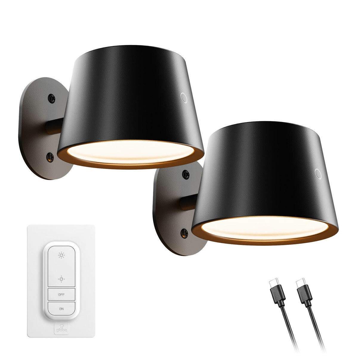 Globe Rechargeable Black Portable Wall Light, 2 Pack - Black