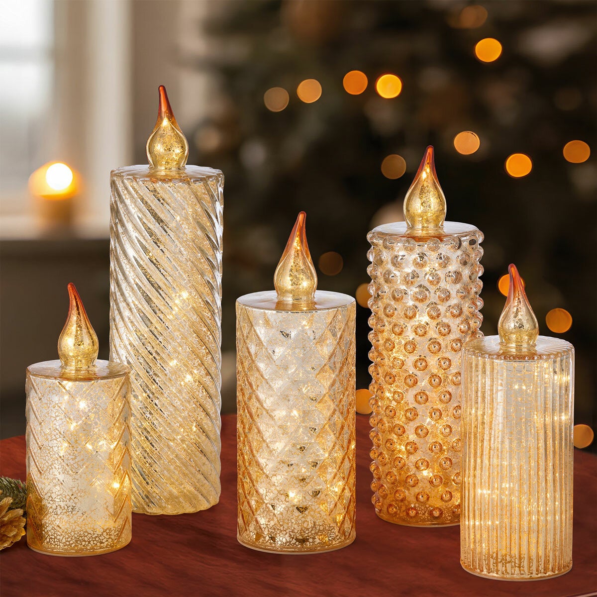 Glass LED Candles - Set Of 5 - Gold